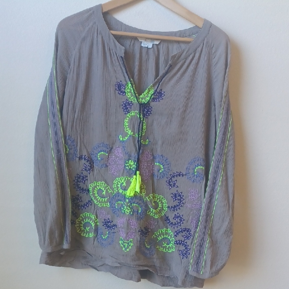 BODEN 100% Cotton Embroidered Gray Blouse Size 10 Women's